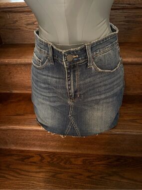 Washed Blue Denim Mini Skirt with Front Seam